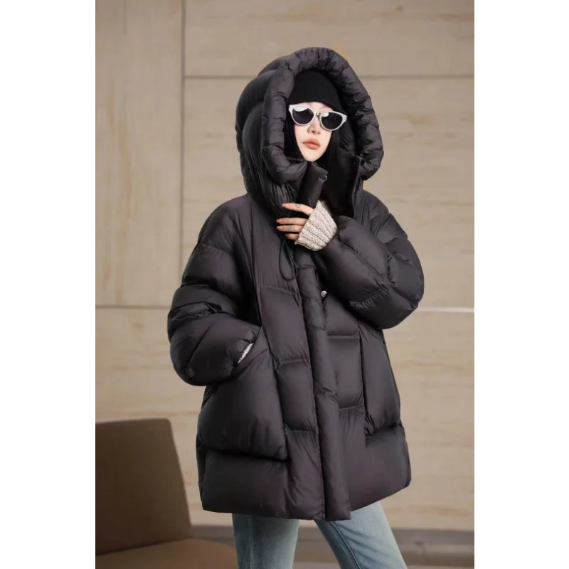 Chaqueta de plumón abombada para mujer, chaqueta acolchada holgada versátil de longitud media con capucha, abrigo cálido de plumón de pato blanco