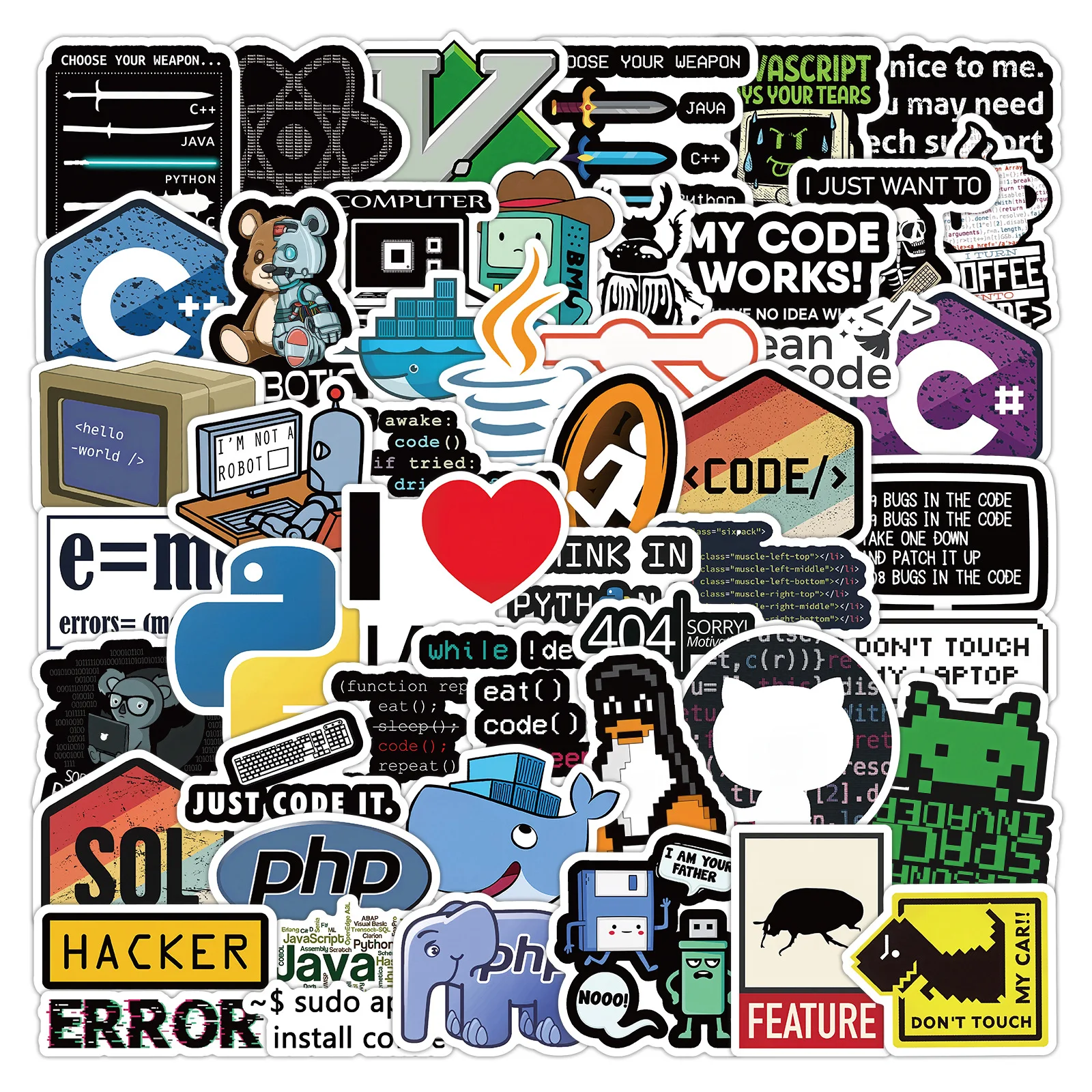60PCS Computer Programming Programmer Personalized Graffiti Decorative Laptop Mobile Phone Case Waterproof Stickers