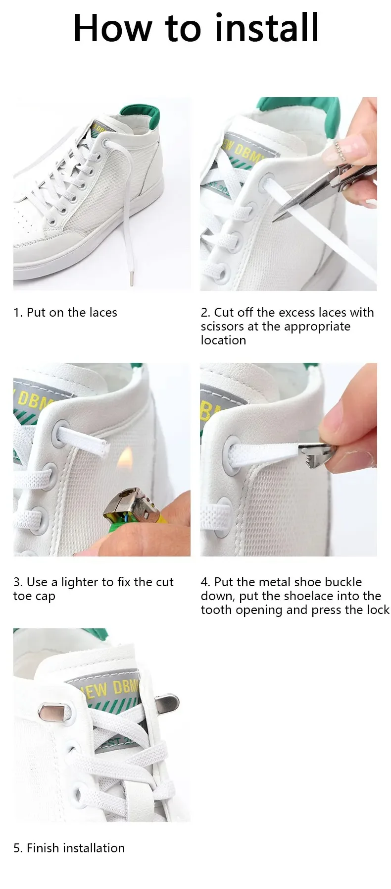 1 Paar flache Schnürsenkel für Turnschuhe, elastische Schnürsenkel ohne Krawatten, drücken Sie die Metallverschluss, Lazy Shoes, Spitze, Gummiband-Zubehör – Detail 7