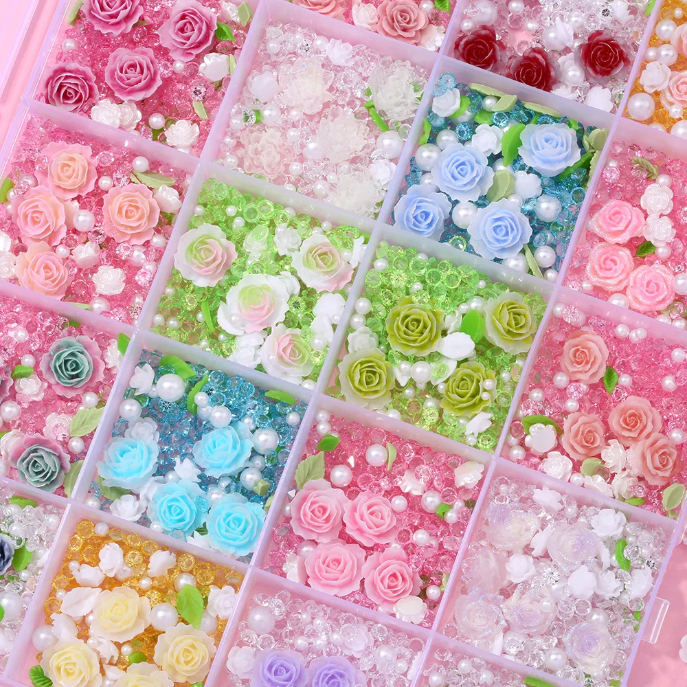 

24 сетки подвески для ногтей, смоляный жемчуг, розы, разные стразы, жемчуг для ногтей, ремесла, художественное украшение