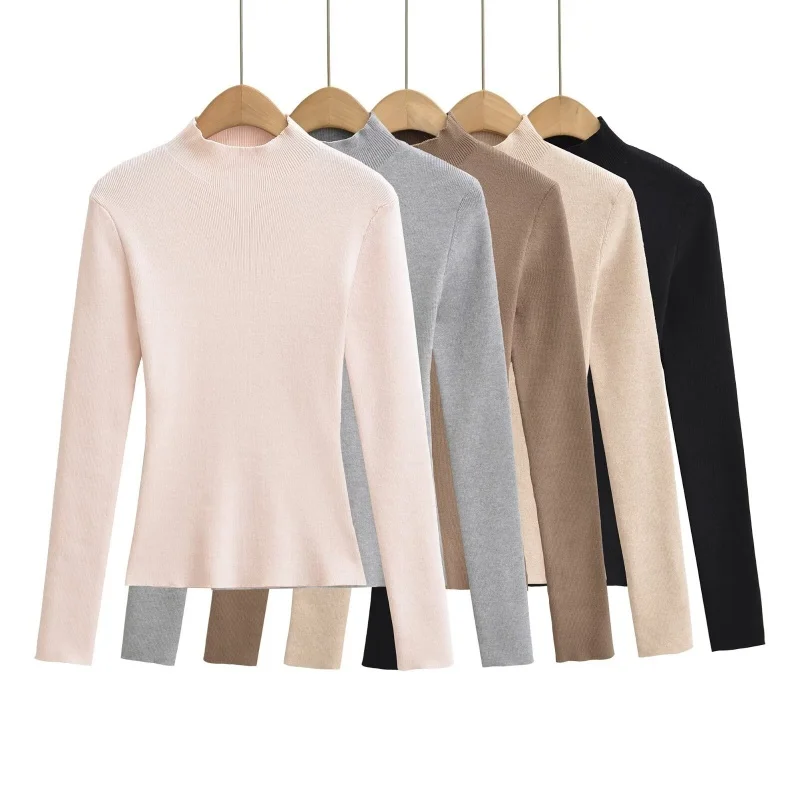 Women's  Color Half High Collar Knitted Long Sleeve Sweater Spring Autumn Inner Wear Overhead Base Top Slimming Effect