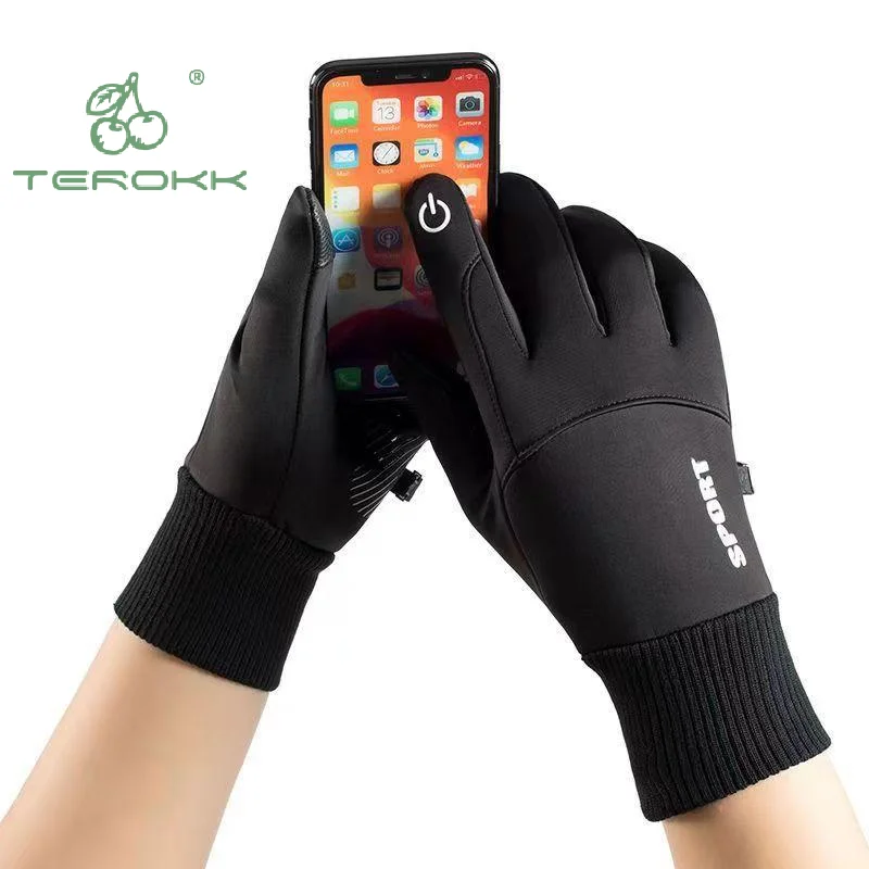 1 par de guantes de ciclismo impermeables con dedos completos cálidos de invierno para hombre, guantes de lana para deportes al aire libre, correr, motocicleta, esquí, pantalla táctil