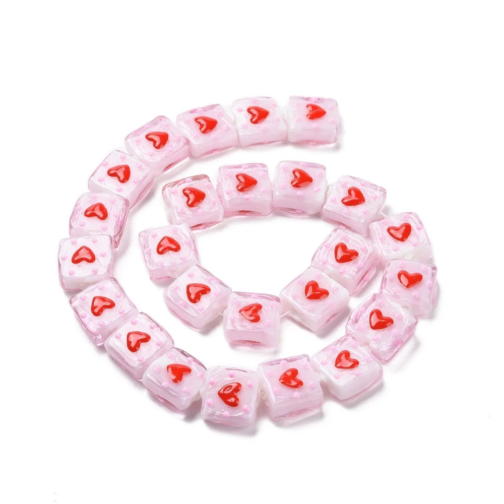 2Strands Valentine's Day Handmade Lampwork Enamel Beads Strands Square with Heart Spacer Beads For Jewelry Making Accessories