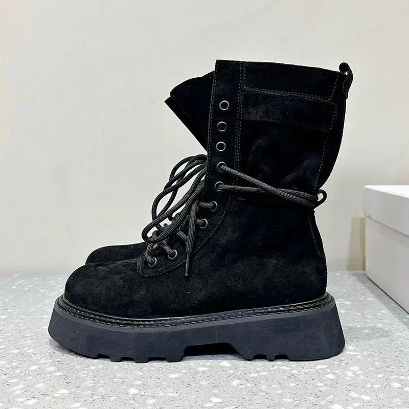 

Короткие ботинки на плоской толстой подошве, женские ботинки до середины икры со шнуровкой и круглым носком, женские зимние красивые уличные мотоциклетные ботинки
