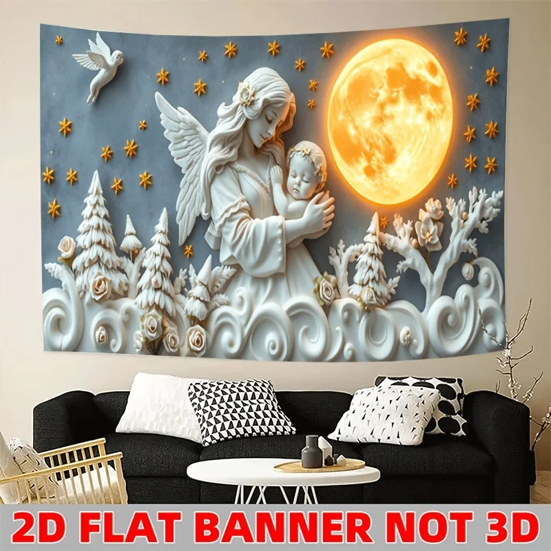 Angel Holding Baby Moon Night Sky Wall Tapestry 2D Flat Banner Not 3D Religious Art Home Decor For Living Room Bedroom