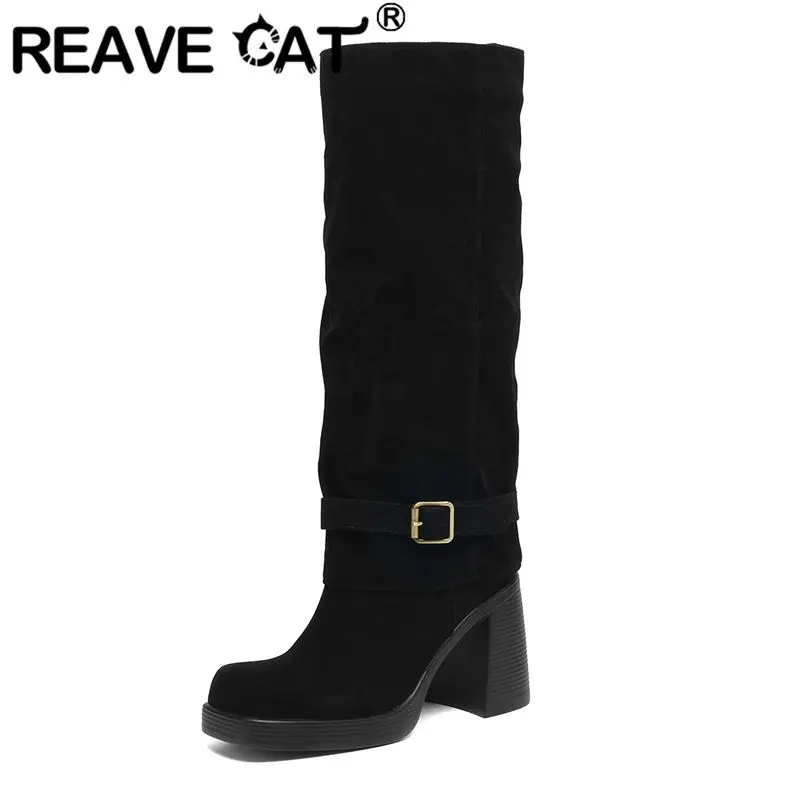 REAVE CAT 2026 Fashion Ladies Knee High Boots Square Toe Block Heel 9cm Velvet Suede Slip On Belt Buckle Size 41 42 43 Dating