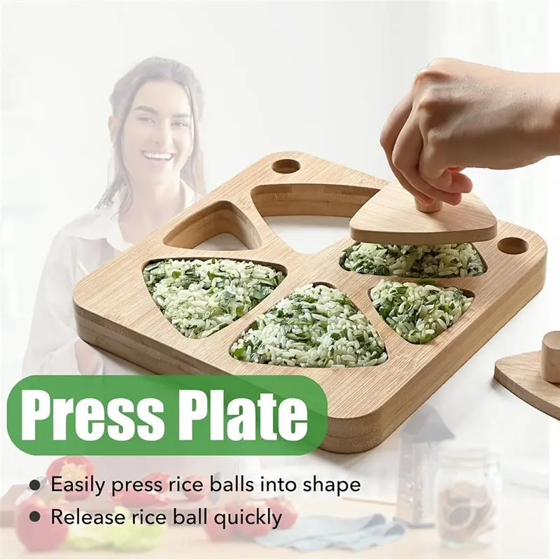 A67P-Bamboo Rice Ball Mold Set, Come With Press Plate Triangle Sushi Mold For Japanese. Musubi Wooden Classic Maker Kids