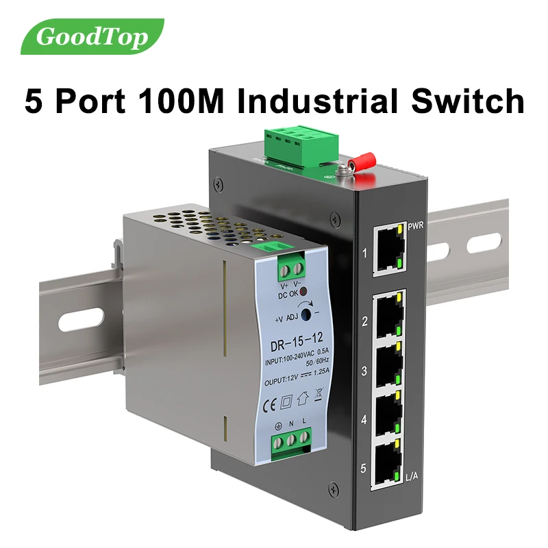 GoodTop 5 Port 100M Unmanaged Industrial Switch with DIN Rail 15W Power Supply Fast Ethernet IP40 4KV Lightning Protection