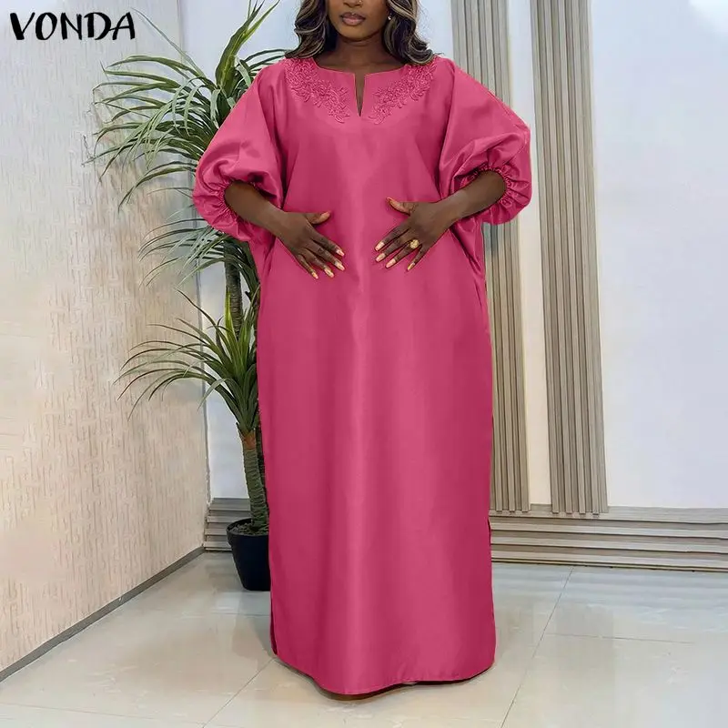 VONDA Plus Size 5XL Flower Patchwork Women Satin Dresses Elegant Puff Sleeve Maxi Vestidos 2026 V-Neck Party Evening Robe Femme view 3