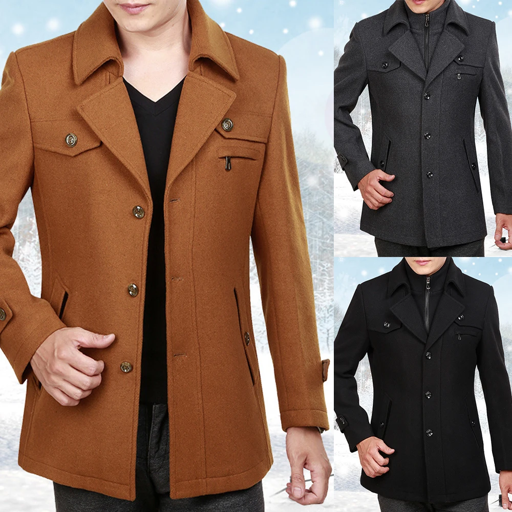 

New Autumn and Winter Thick Woolen Coat Men's Medium Long Woolen Windbreaker Business Middle-aged Jacket Clothing