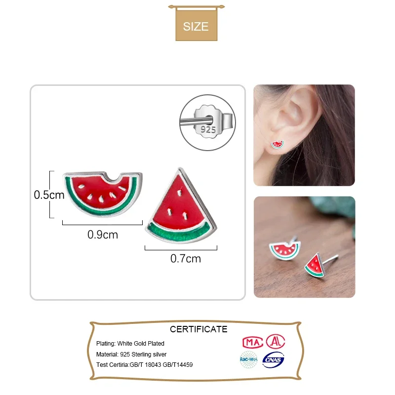 Trustdavis Real 925 Silver Fashion Asymmetric Summer Watermelon Stud Earrings for Women Daily Wear Jewelry Gift DS572