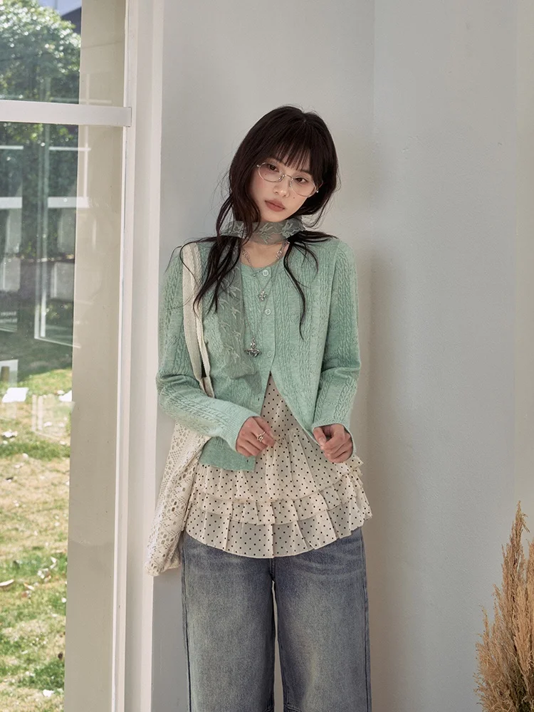 

Kyouko Le Wind Bell Four Le Clover Mint een вязаный открытый кардиган тонкая новая версия женская верхняя одежда ранней весны