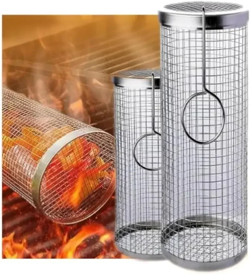 BBQ Cage Outdoor BBQ Rolling Grill Basket Stainless Steel Vegatable Grill Baskets for Fries Fish Shrimp Meat Grill Utensils