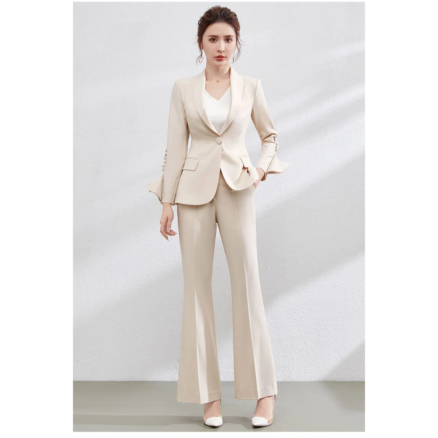 Allingentle Ivory Women's 2 Piece Set Olive Lapel Blazer Elegant Pantsuit Set for Party Office Work Outfits Customize