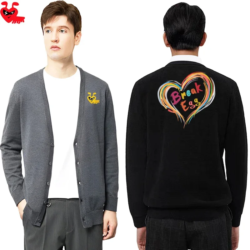 Break Egg Men V-neck Cardigan Cotton Cartoon Glasses Ant Embroidery Hollow Love Print Single Breasted Long Sleeve Autumn Sweater