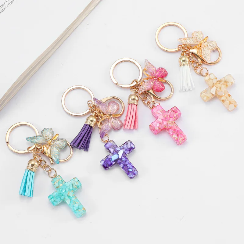 Exquisite Cross Butterfly Keychain Cute Resin Christian Cross Key Ring Purse Bag Pendant Car Key Accessories Women Party Gif