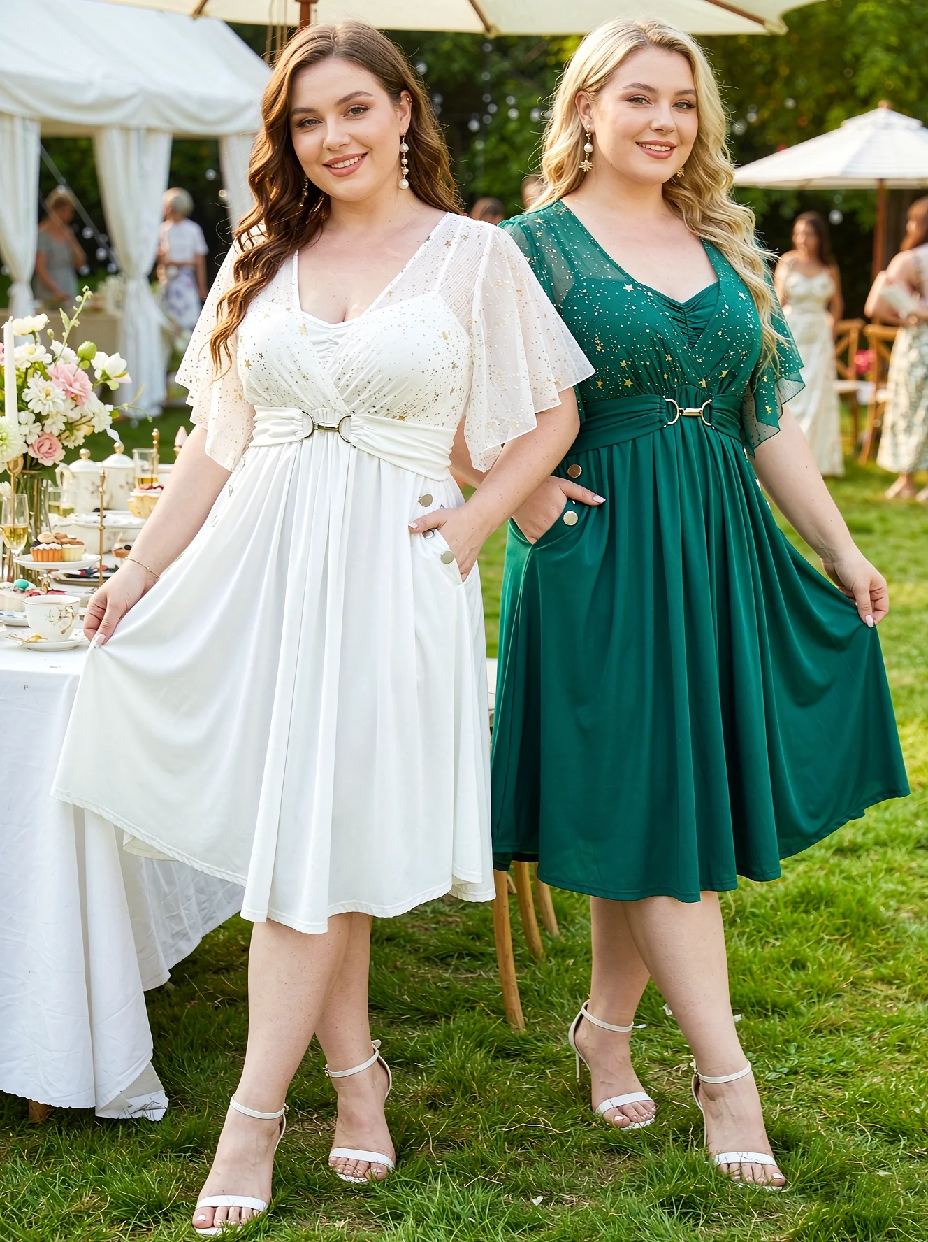 ROSEGAL Plus Size Women Dresses Stars Print Butterfly Sleeve Ruched Buckle Button Decor Summer Casual Party Dress With Pockets