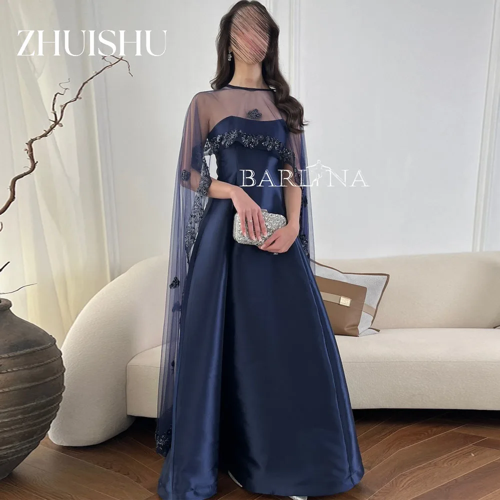 

ZHUISHU Saudi Long Prom Dresses Illusion Cape Sleeves Party Dress Evening Gown Navy Blue Satin Customized Women Gown 2026