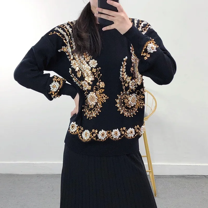 Sequin Beaded Pullover Sweaters Autumn Sweater 2023 Women Loose Heavy Industry Jumpers Long-sleeved Outer Wear Pullovers Fashion