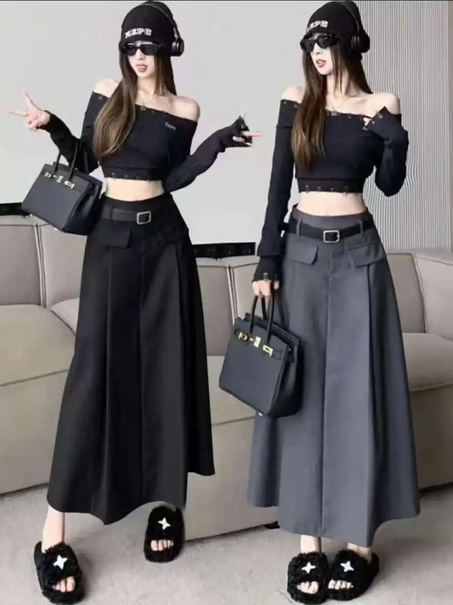 

Gray Suit Style Thin Half-length Skirt A-Line Pleated Slimming Drapey Korean Version Spring Summer New Arrival plus Size