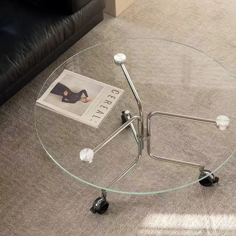 Coffee table / movable / solid wood / tempered glass / stainless steel / small round table