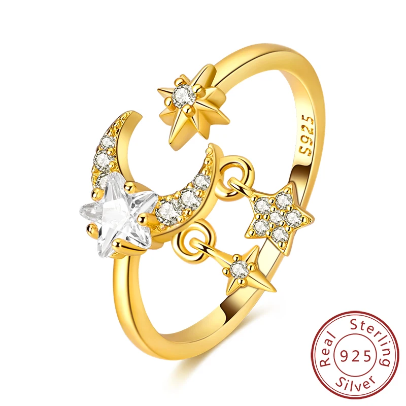 Women's 925 Sterling Silver Star Moon Heart Adjustable Ring