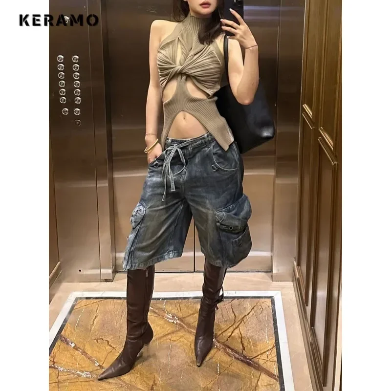 Women's Y2K Fashion Hotsweet 2000S Blue Denim Shorts High Waist Casual Sexy Loose Fit Street Harajuku Style Jean Lace-up Shorts