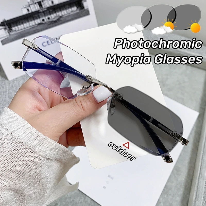 Nowe okulary fotochromowe dla krótkowzroczności bez oprawek HD Anty niebieskie okulary dla krótkowzroczności Męskie okulary przeciw zmęczeniu w pobliżu wzroku przezroczyste okulary