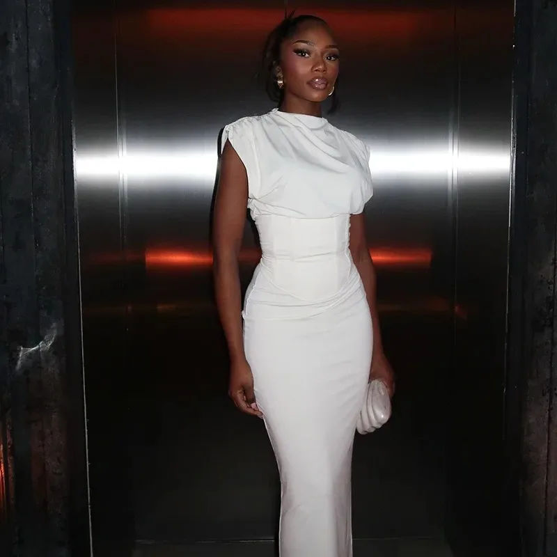 

Women's O-Neck Sleeveless Pleated Lace-Up Waistband Split Hips Wrapped Long Dress, Solid Color