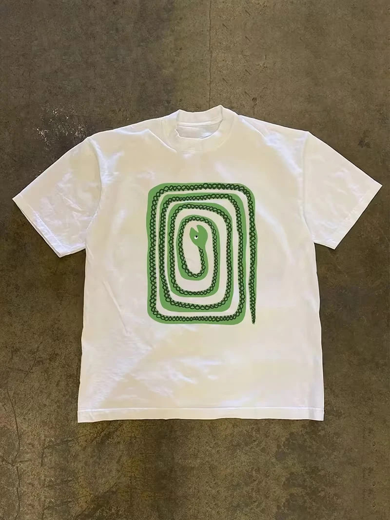 Unisex Creative Maze Snake Print T-Shirt, Trendy Graphic Crew Neck Short Sleeve Top, Casual Summer Streetwear Tee for Daily Wear