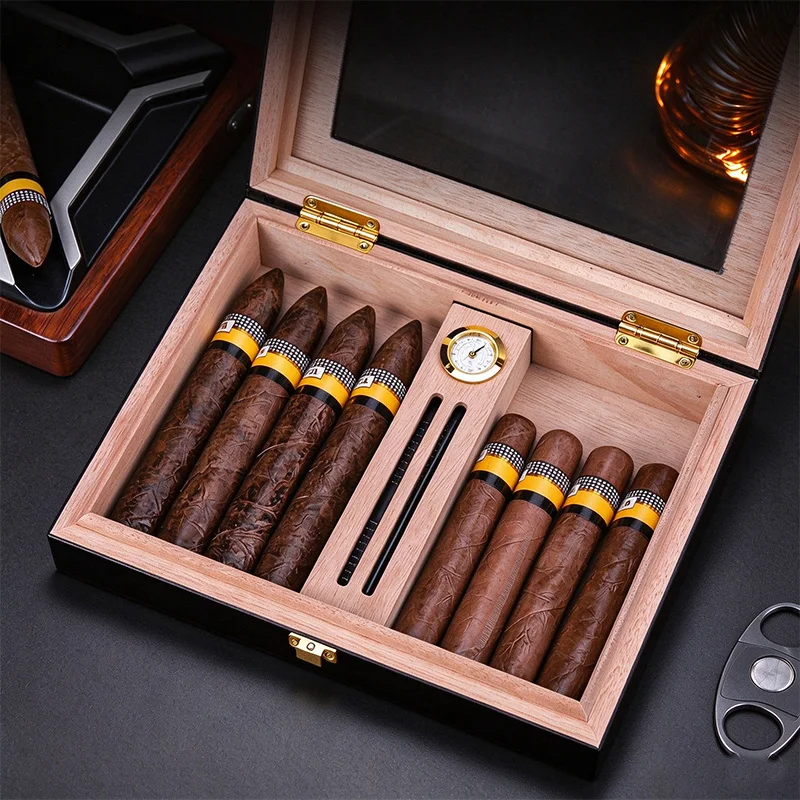 Cigar Humidor Cedar Lined Cigar Humidor with Hygrometer Clear Visible Window Desktop Cigar Storage Box for 10-15 Cigars