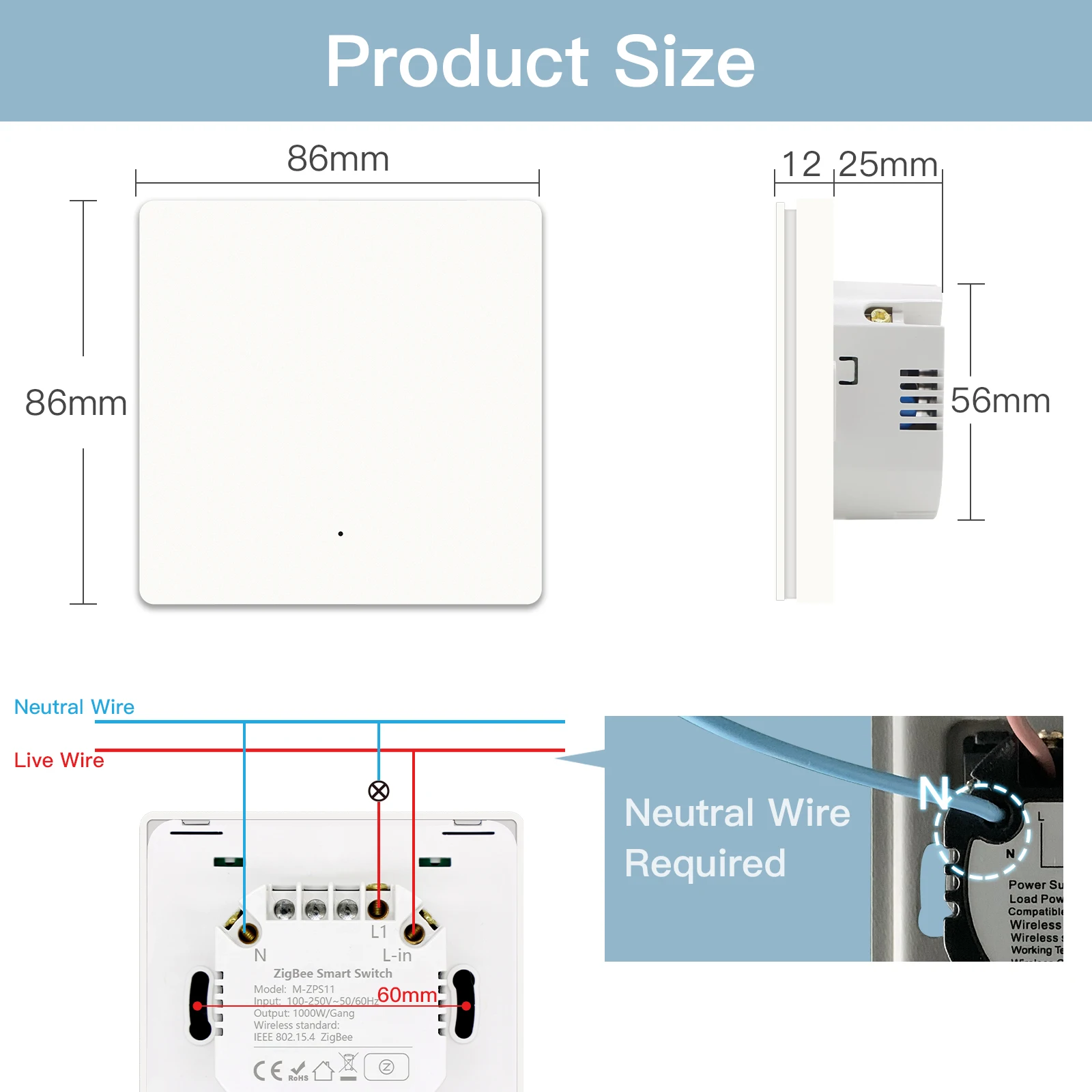 Bseed Zigbee Smart Switch 1/2/3Gang 2Way Push Button Switch Automatic Rebound Work With Tuya Smart Life Google Neutral Required