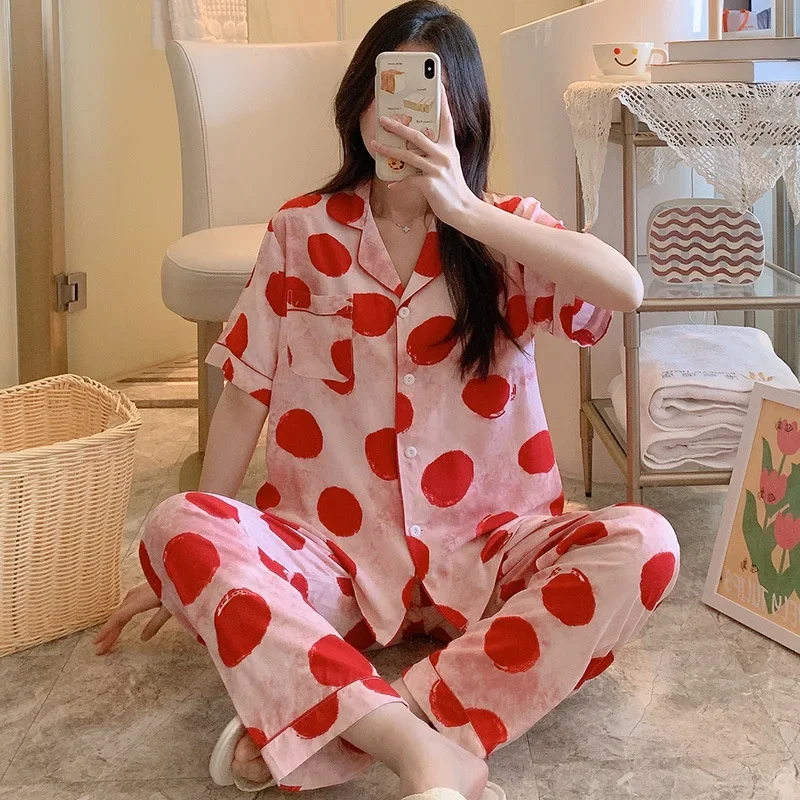 

Red Short Sleeve Pants Floral Print Woman Satin Pajama Sets Ensembles 2 Piece Two-Piece Lady Outfit Lounge Women Pijama Pj