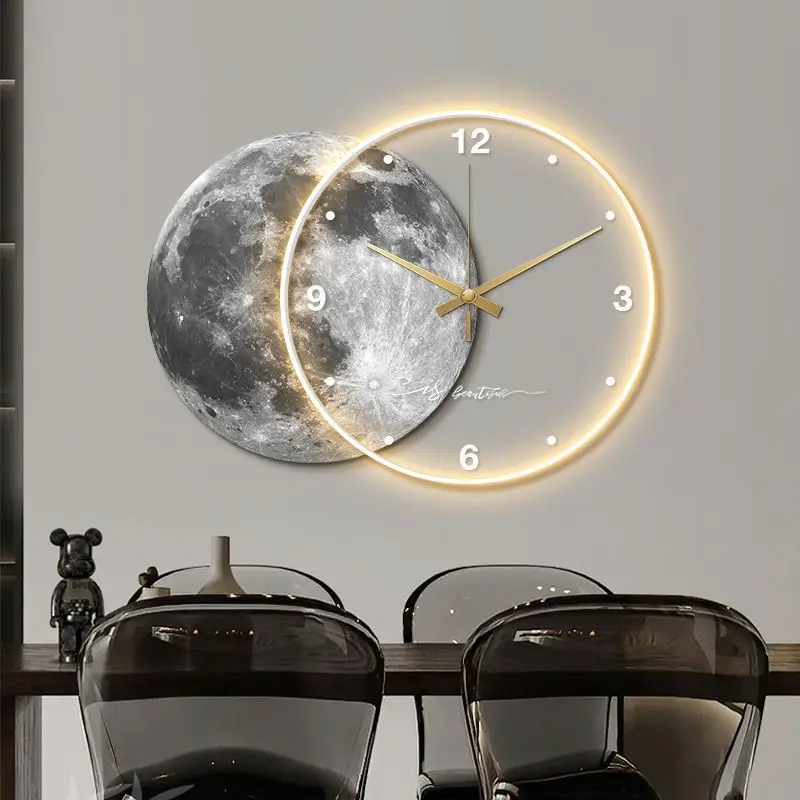 Large Dining Room Living Room Wall Clock Luxury Moon The Earth Modelling LED Light Silent Movement Bedroom Wall Decoration Gift