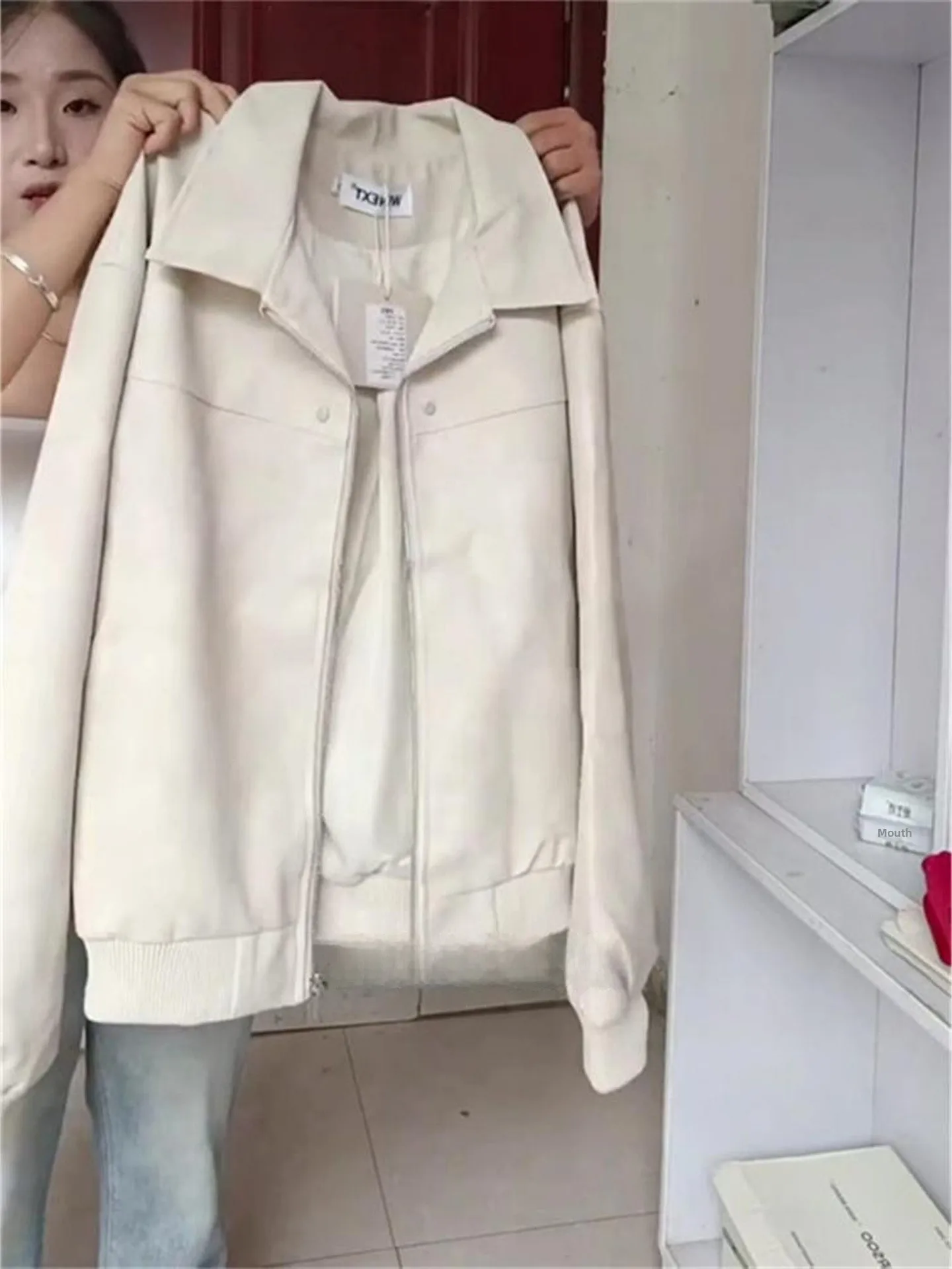 

Unique Chic Light Beige Women's Leather Jaet Lazy American Sle Spring Autumn New Model Versatile Jaet Collar Zipper