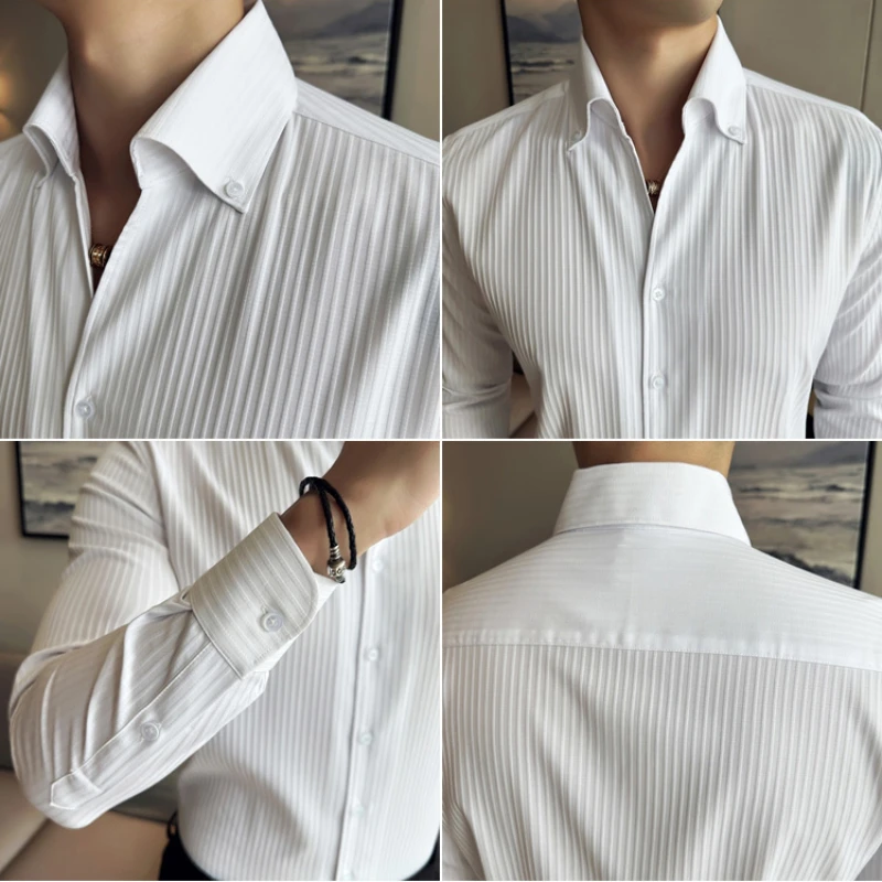 Men's Spring Striped Dress Shirts/Male Slim Fit Fashion High Quality V-neck Long Sleeve Shirt/Man Brand Clothing Luxury Shirts