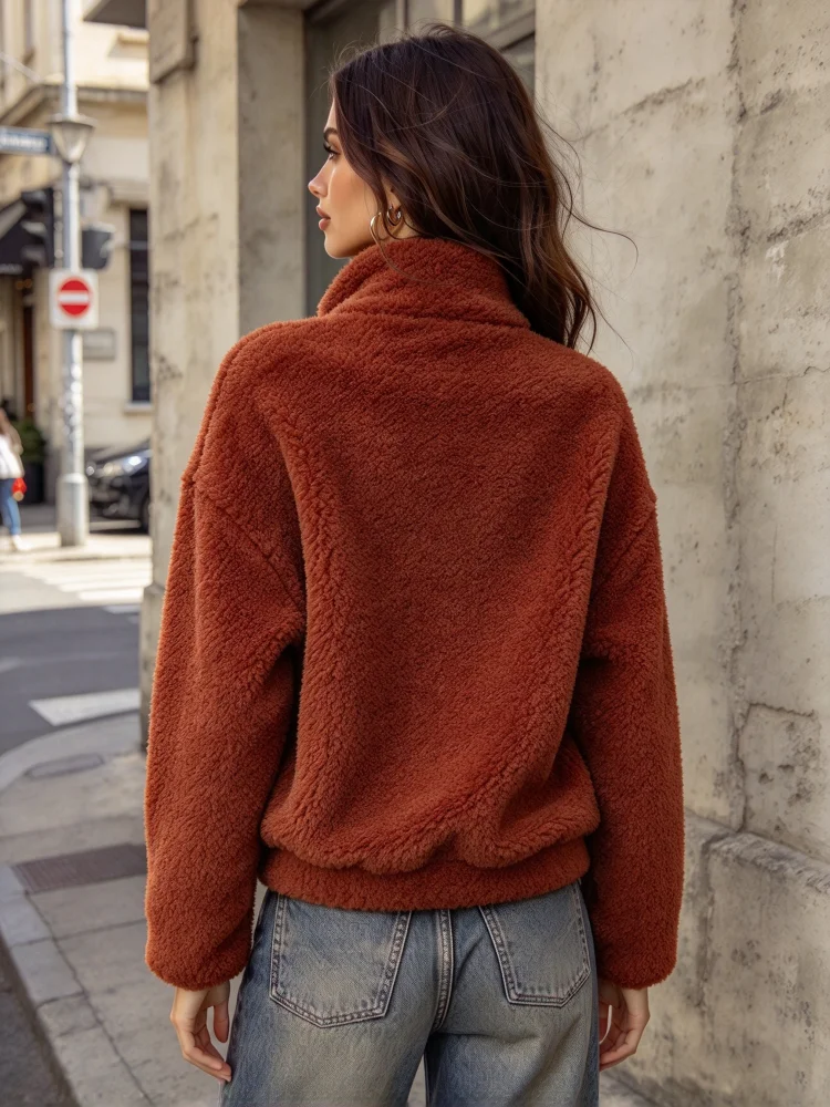 Women Sherpa Jacket Stand Collar Zip Up Teddy Fleece Coat With Pockets Solid Loose Short Warm Outerwear For Daily Street