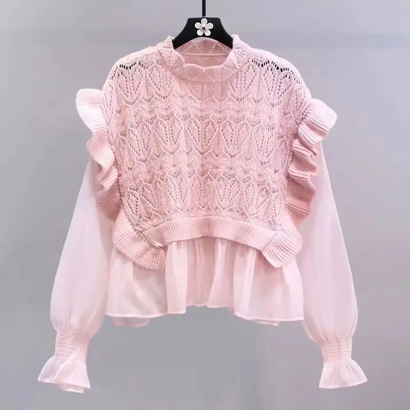 

Women Sweater Fashion Patchwork Lace Ruffles Knitwear Korean Hollow Out Y2K Tops 2024 Spring Autumn Woman Swaters Pullover U1011