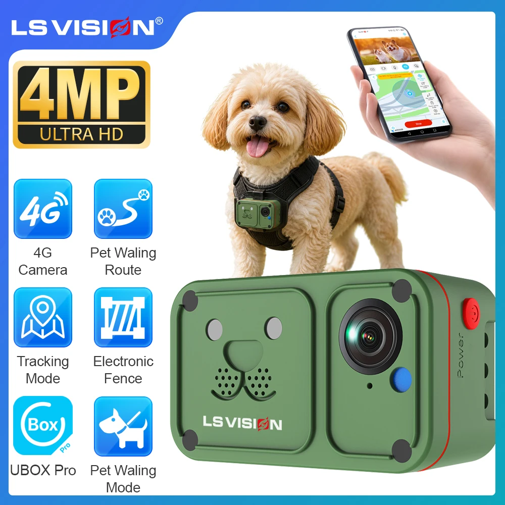 LS VISION 2K 4G Камера-ошейник для животных со встроенным GPS-трекером, G-сенсором, видеорегистратором для питомцев с функцией электронных ограждений, камеры POV для животных Ubox Pro
