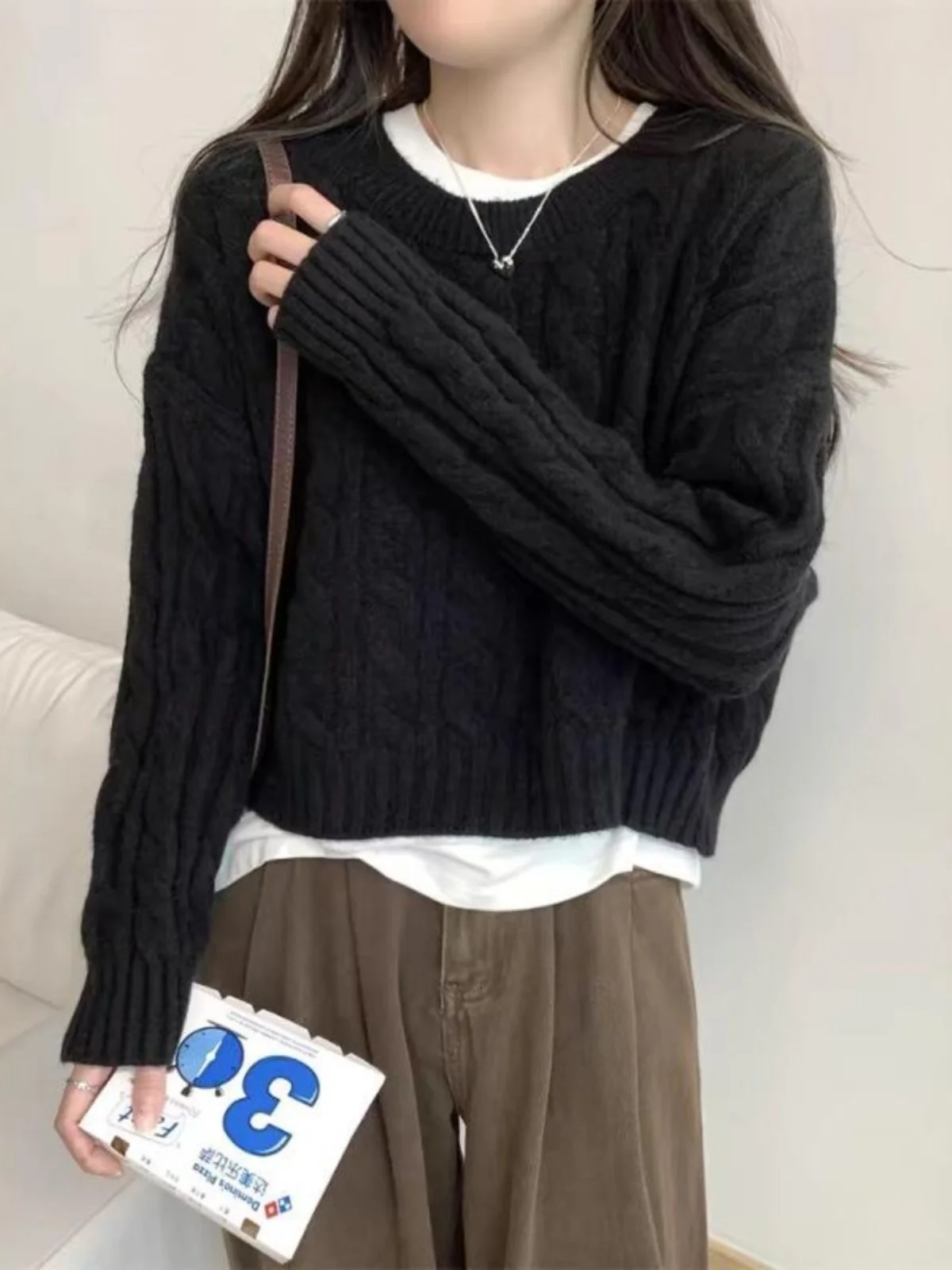 

Cozy ort Knitted Sweater Women's Top Spring Autumn New Sle Inner Wear Lazy Soft Twist Ne round Sve Long Warmth