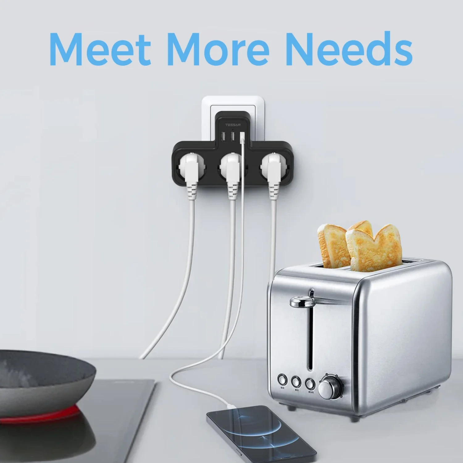 TESSAN أسود الاتحاد الأوروبي التوصيل مقبس الحائط موسع مع 3 منافذ التيار المتناوب 3 منافذ USB متعدد العاب محول الطاقة حماية الزائد للمنزل/المكتب