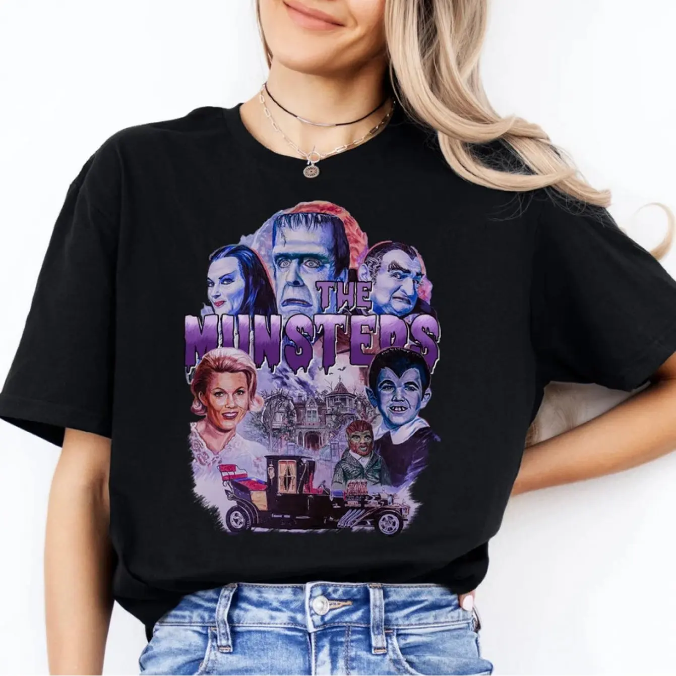 

Футболка с рисунком «Месяц» в стиле ретро ужасов, готическая семейная рубашка-монстр, черная дышащая, подходит для Хэллоуина