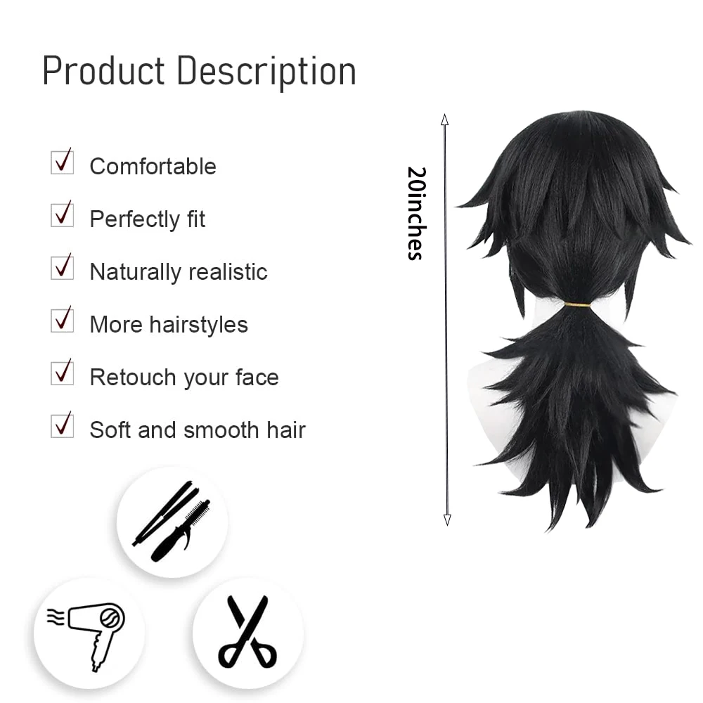 Anime Demon Slayer Tomioka Giyuu Cosplay Syntetyczne Włosy 50 cm Czarny Kucyk Puszysty Peruka na Halloween Karnawał Codzienna Impreza