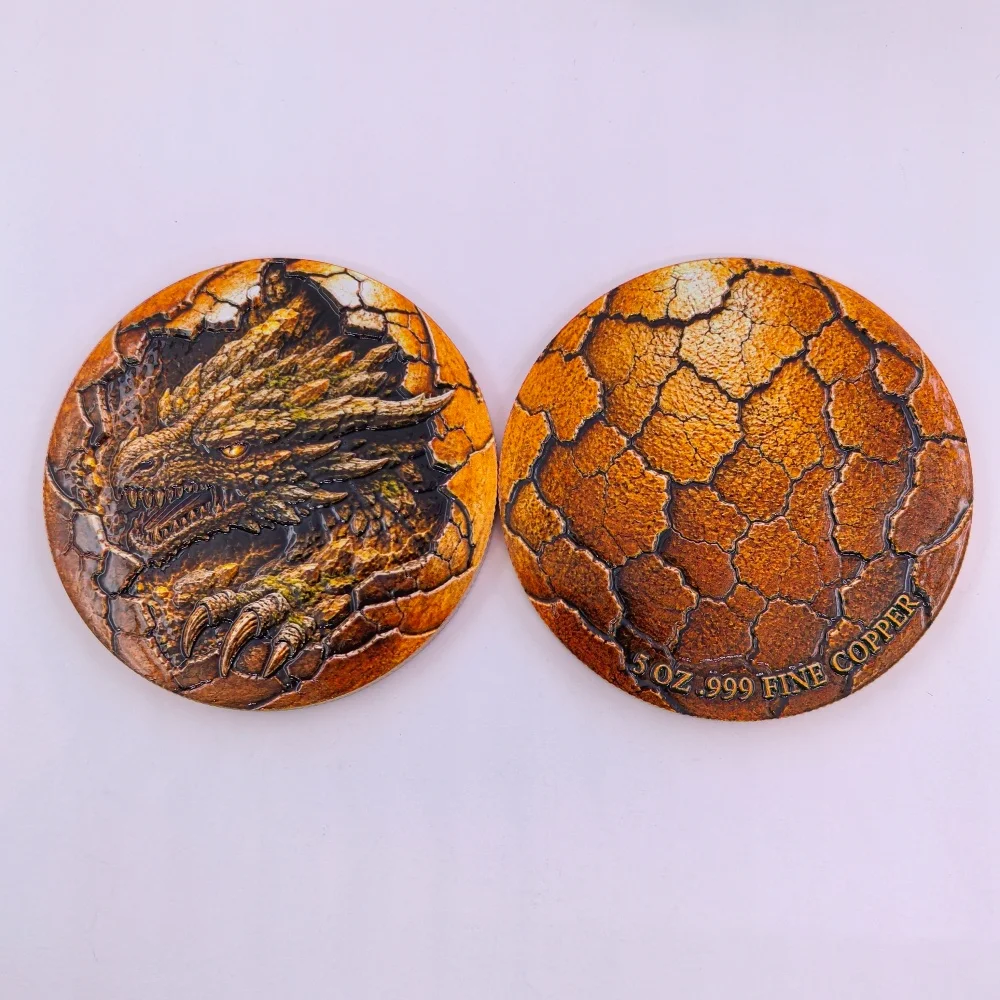 4 PCS 5 OZ .999 Fine Copper Mythical Dragon Commemorative Coin Cracked Egg Fire Ice Earth Frost Dragon Crafts Collectible Gift