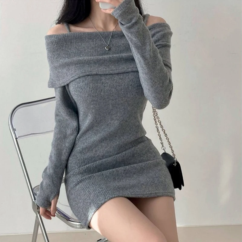 Y2K Women Knitted Mini Dress Korean Sexy Off Shoulder Female Dress Spring New Spaghetti Strap Long Sleeve Ladies Vestidos