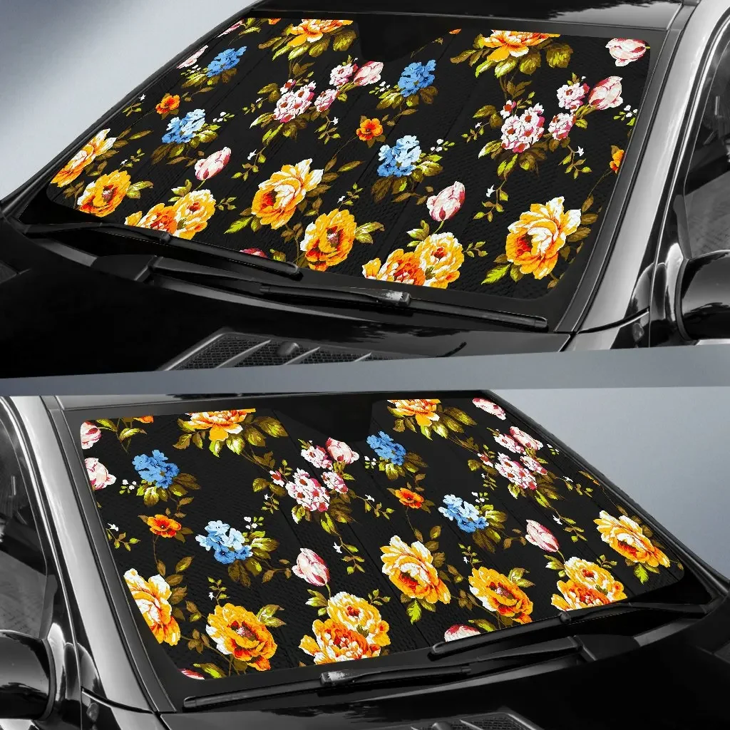 Pare-soleil de voiture à imprimé floral vintage, motif de fleurs