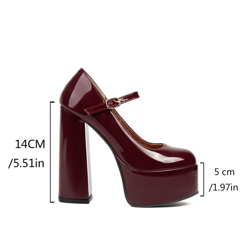 ORCHA LISA 2024 New Mary Janes Women Pumps Shoes Round Toe 14cm Thick Block Heel 5cm Platform Patent Leather Buckle Big Size 41