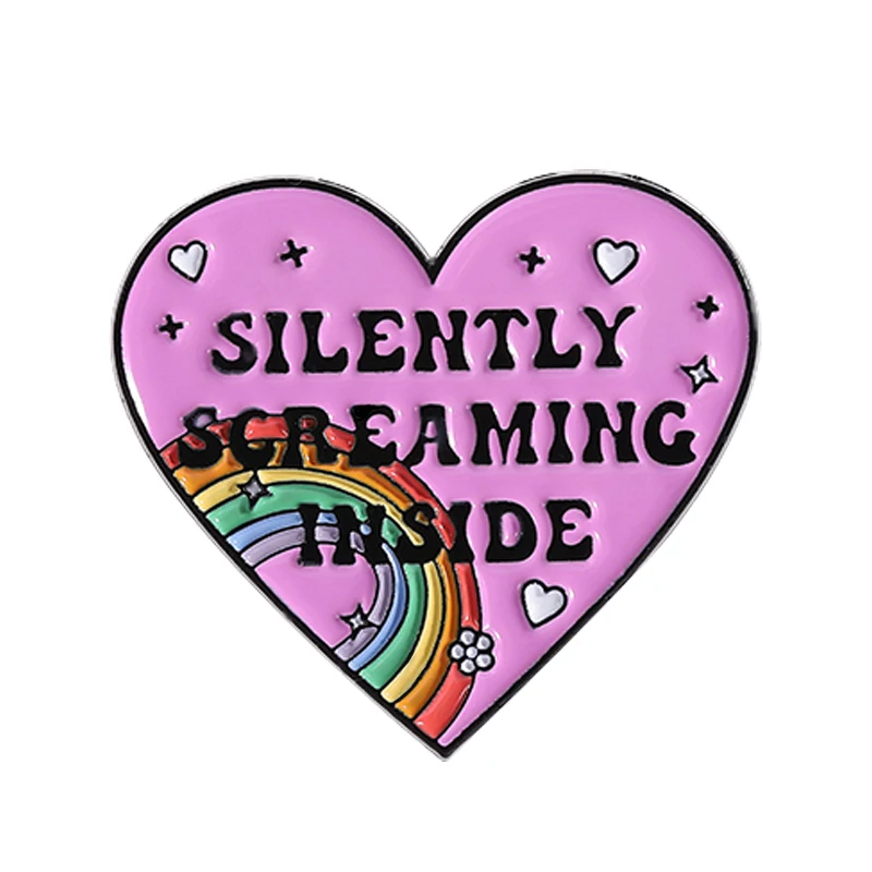 LGBT Rainbow Silently Screaming Inside Enamel Pins Fashion Pink Heart Shape Metal Brooches Backpack Lapel Badge  Jewelry Gifts