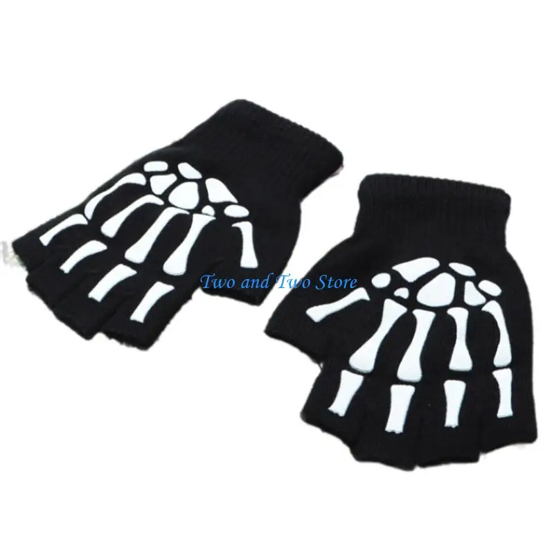 

HX6F Students Skeleton Knit Gloves Half Finger Gloves Winter Warm Handwear