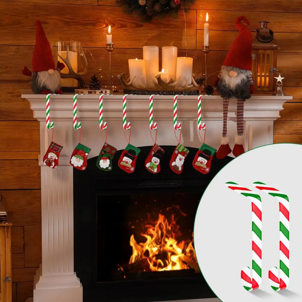 Mantel Stocking Hangers Candy Cane Christmas Stocking Hooks for Mantel Decoration Non-slip Metal Holders for Fireplace Festive